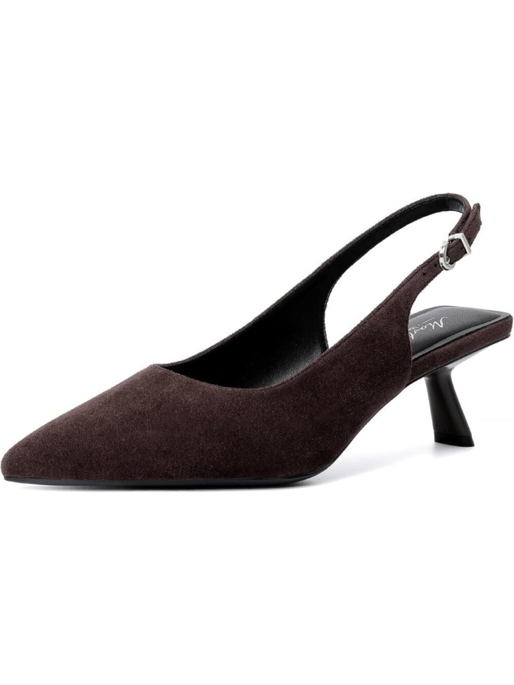 Women's Pointed Toe Patent Leather Brown Suede Low Slingback Heels Buckle Shoes